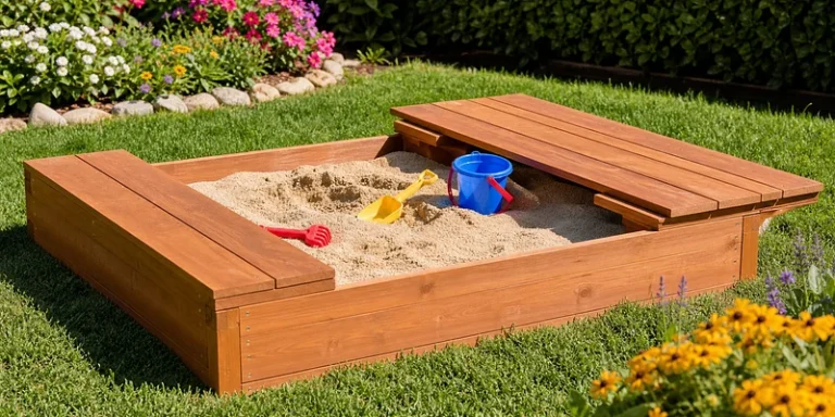 Houten zandbak in de tuin